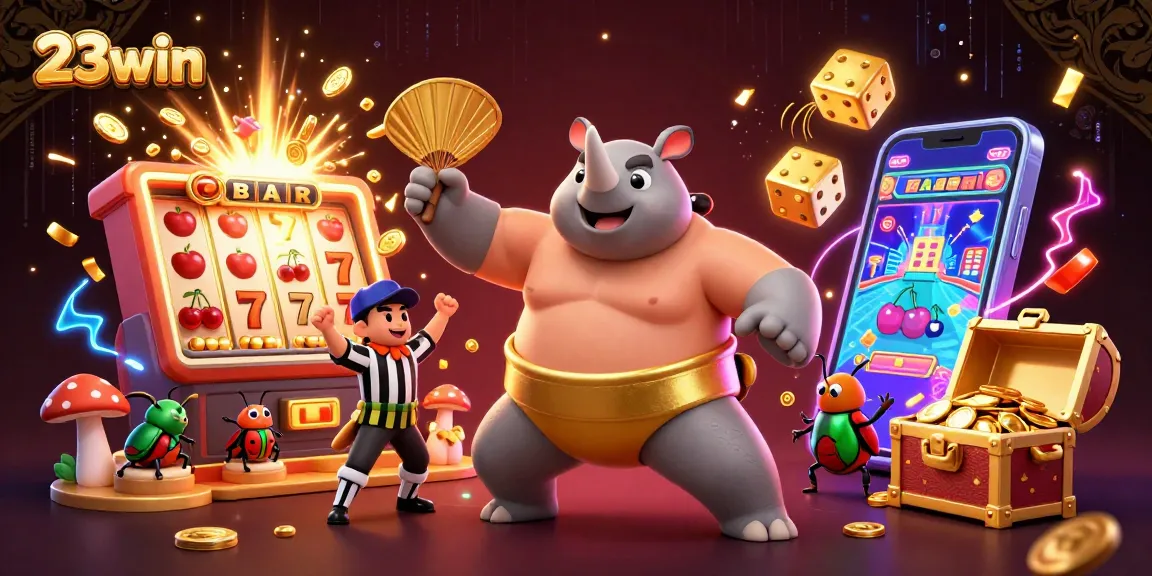 Win big with 23win's exciting games and vibrant casino atmosphere in this dynamic digital illustration.