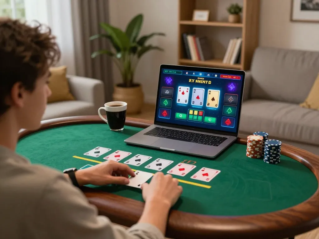 uu88 player engaging in a live dealer blackjack game from home, showcasing strategy and involvement.