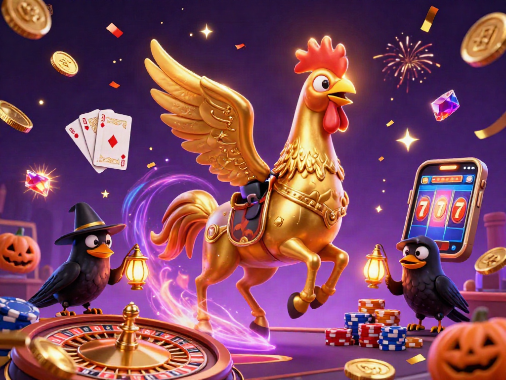 Experience the thrilling ambiance of 789CLUB's casino with a golden rooster riding a spectral horse amidst vibrant gaming elements.