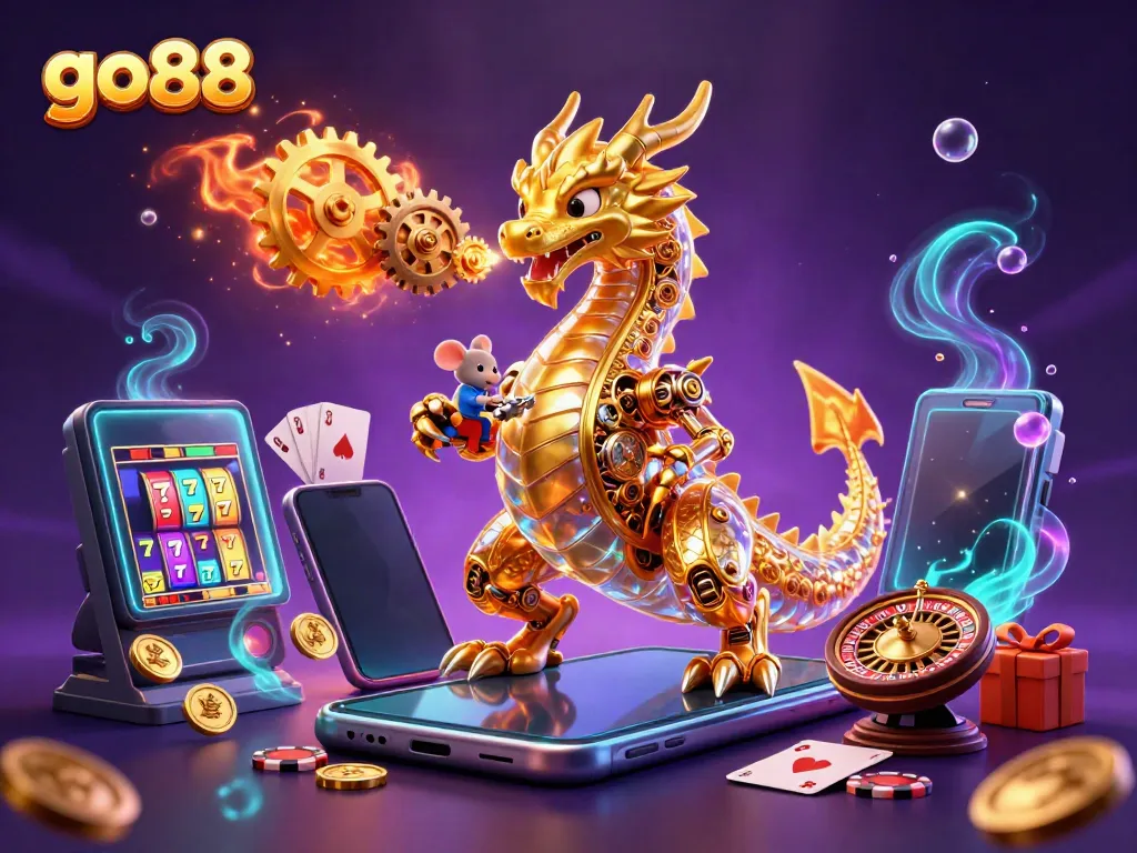 Engage with go88, where a dragon breathes gears amidst spinning slot games and poker elements.