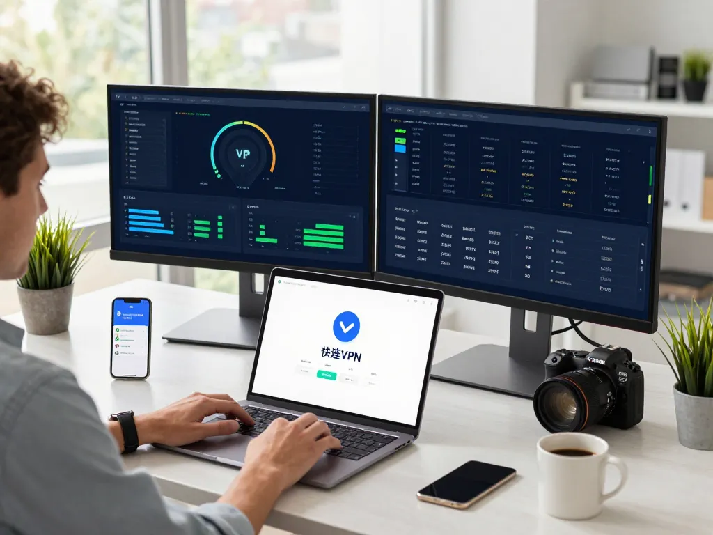 Enjoying fast internet connections with 快连 VPN in a modern workspace with tech elements.