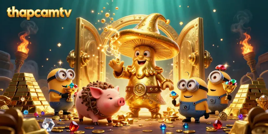 Experience the magic of thapcamtv with golden treasures and enchanting characters in this vivid illustration.