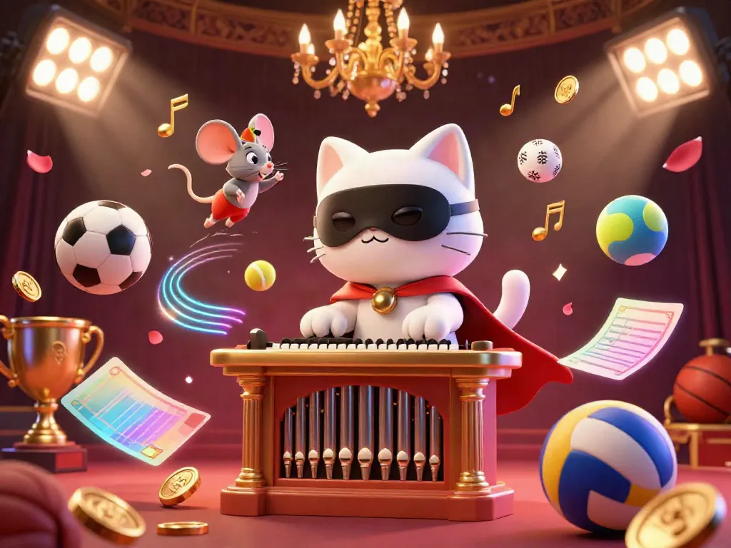 Engage in thrilling action at 23win with a captivating casino scene featuring a whimsical organ, sports elements, and acrobatic characters.