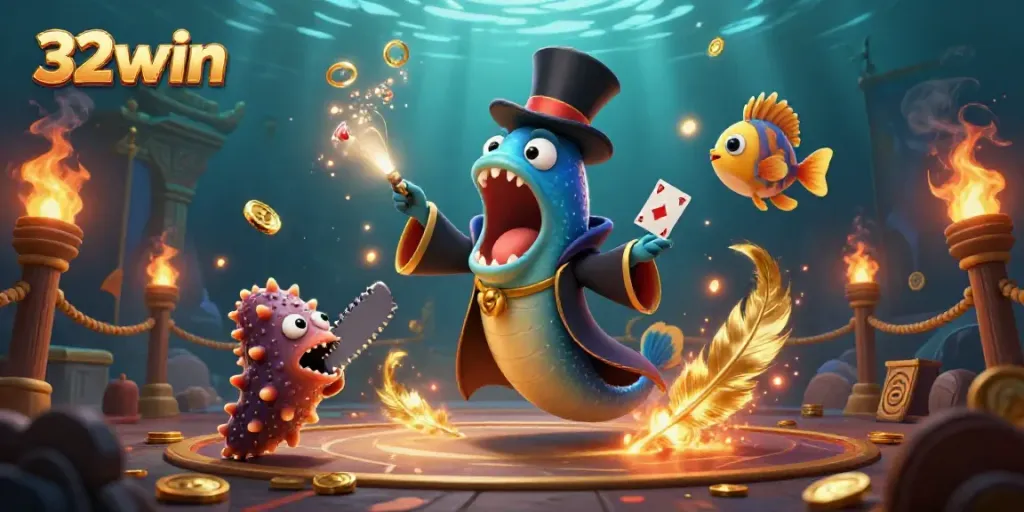 Experience thrilling magic at 32win with a vibrant underwater scene featuring imaginative creatures engaging in a spectacular performance.