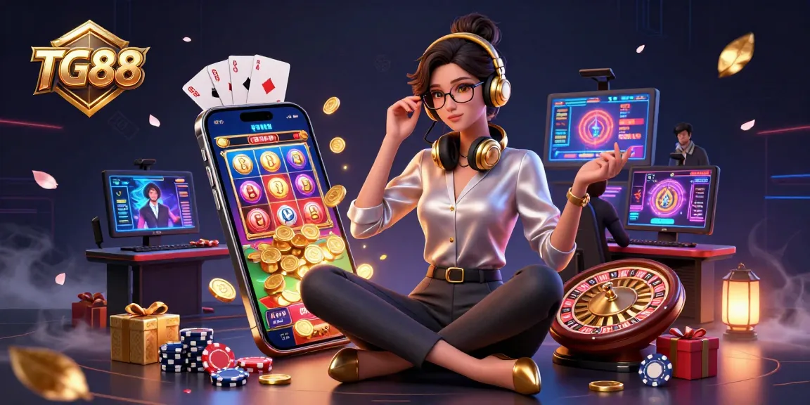 Play exciting casino games with TG88 featuring a professional gamer surrounded by vibrant slots and cards.