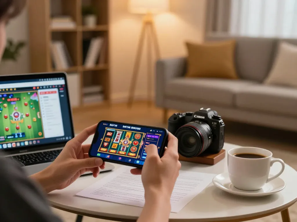 Engage with DAFTAR IDNSCORE app featuring mobile casino betting in a cozy home gaming setup.