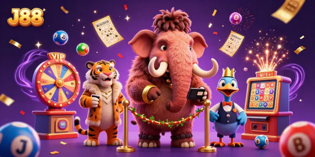 Engaging J88 casino scene featuring a woolly mammoth bouncer, saber-tooth tiger guest, and vibrant lottery balls.