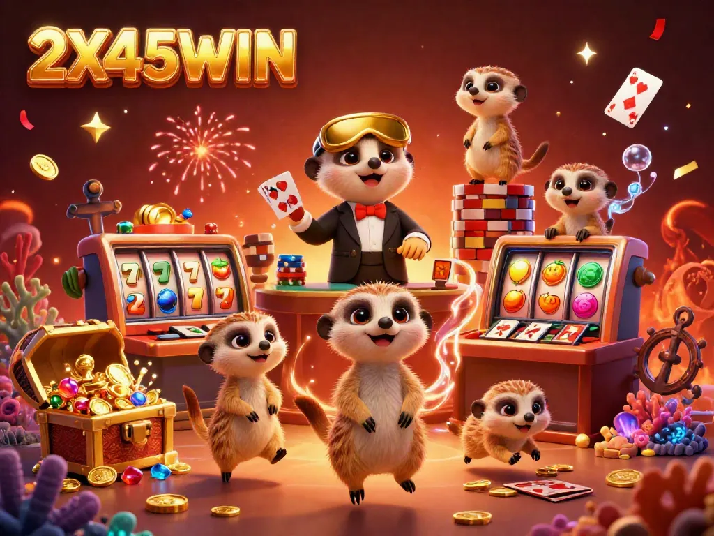 2X45WIN memikat pemain dengan ilustrasi kasino yang penuh warna dan karakter meerkat.