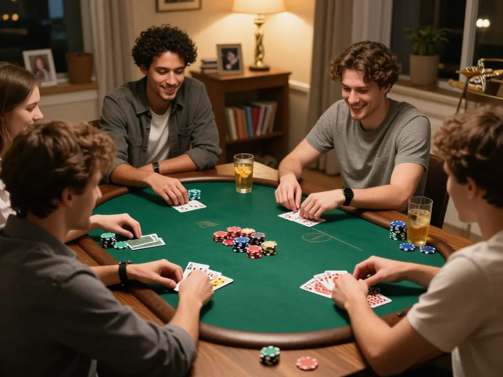 Friends enjoying a fun poker night at home, showcasing lively interactions and the game of Slot Gacor.