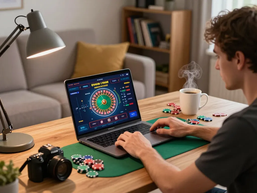 Player engaged in online gambling on 78win, showcasing a cozy home gaming environment.