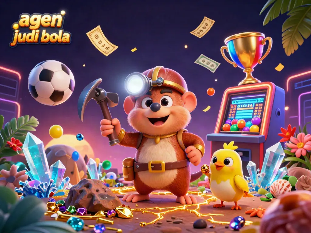 Experience thrilling sports betting action with agen judi bola showcasing a treasure hunter mole, lottery balls, and betting slips.