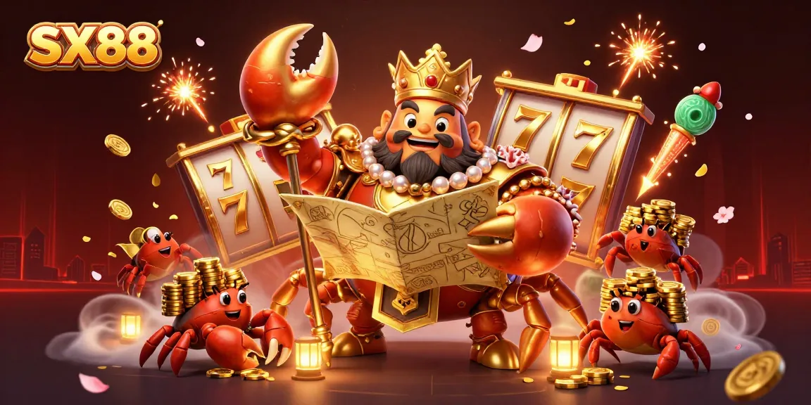 SX88 brings thrilling jackpot adventures with a golden crab emperor surrounded by slot reels and lucky symbols.