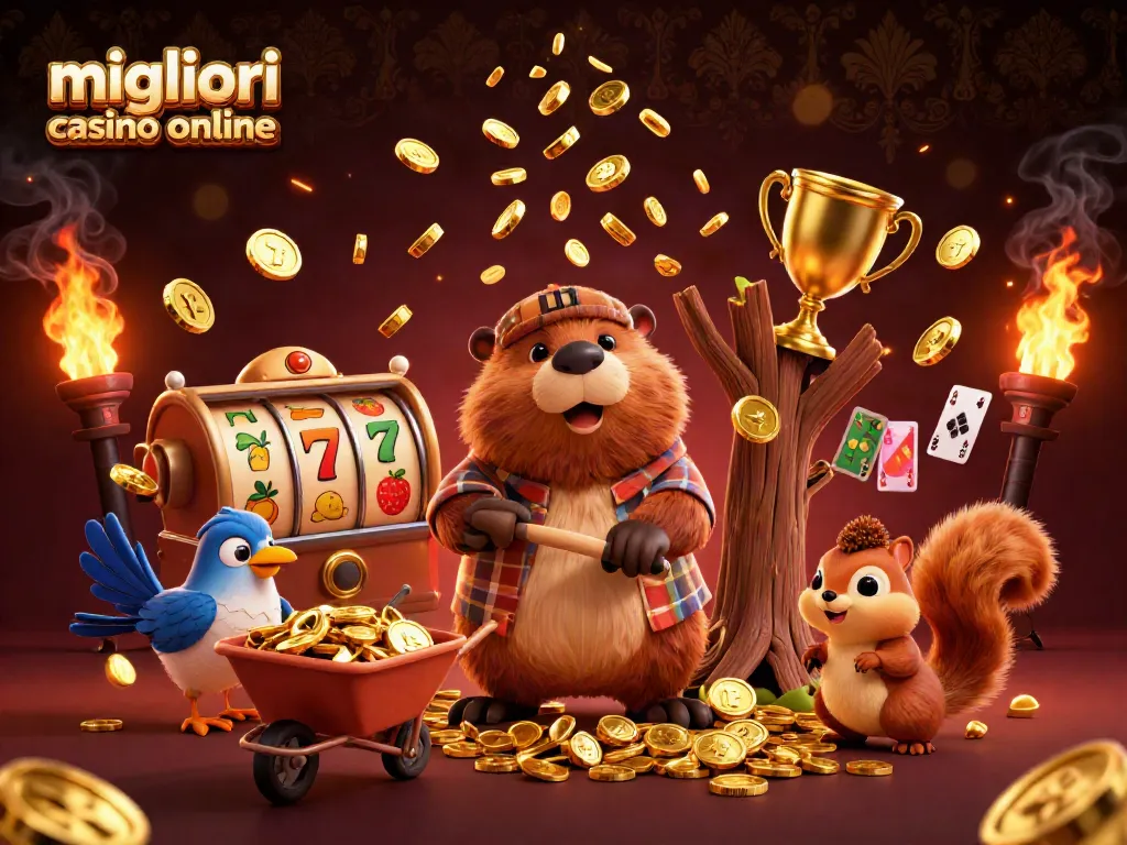 Migliori casino online: un castoro in un casinò che raccoglie monete d'oro mentre un uccellino aiuta.
