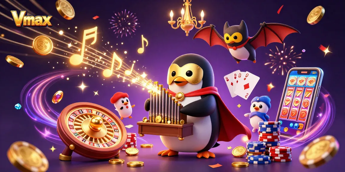 Vmax showcases a vibrant casino scene with a penguin organist surrounded by coins and gold.