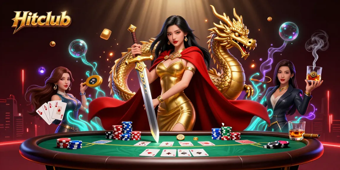 Hitclub showcases a stunning Asian warrior queen with a dragon, surrounded by vibrant casino elements.