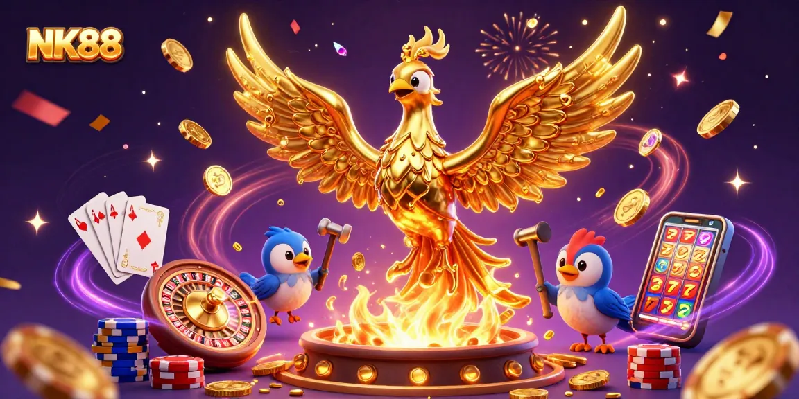 Experience NK88 exhilarating gaming with a 3D golden phoenix emerging from a forge amidst cascading coins.