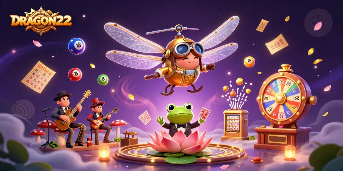 Experience thrilling games with DRAGON222 featuring a dragonfly pilot and a frog croupier amidst dynamic casino elements.