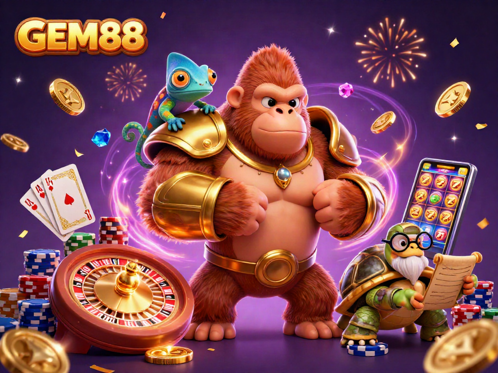 Experience GEM88's exciting world of dynamic gambling through a vivid illustration featuring vibrant casino elements.