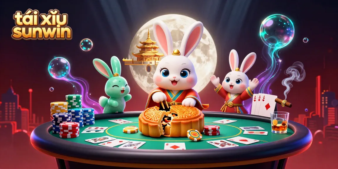 Engage in tài xỉu sunwin gameplay with a festive moon rabbit scene revealing hidden poker chips.