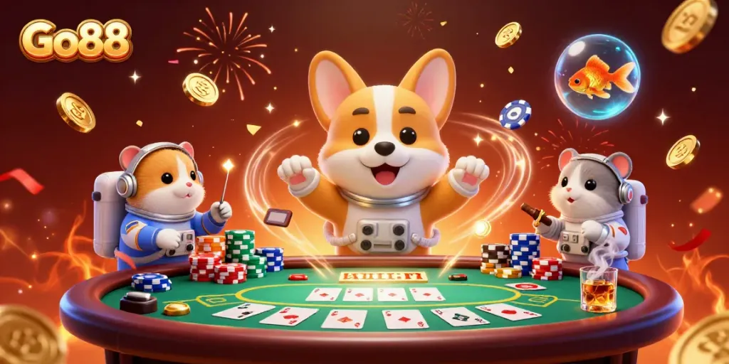 Engage in thrilling gaming at Go88 with a lively casino scene featuring dynamic characters and vibrant elements.