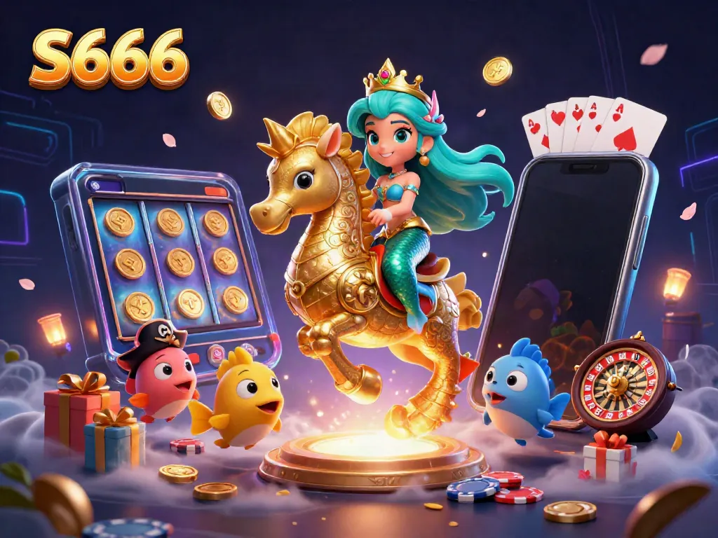 Experience the thrill of S666 with a dazzling mermaid and seahorse in a vibrant casino scene.