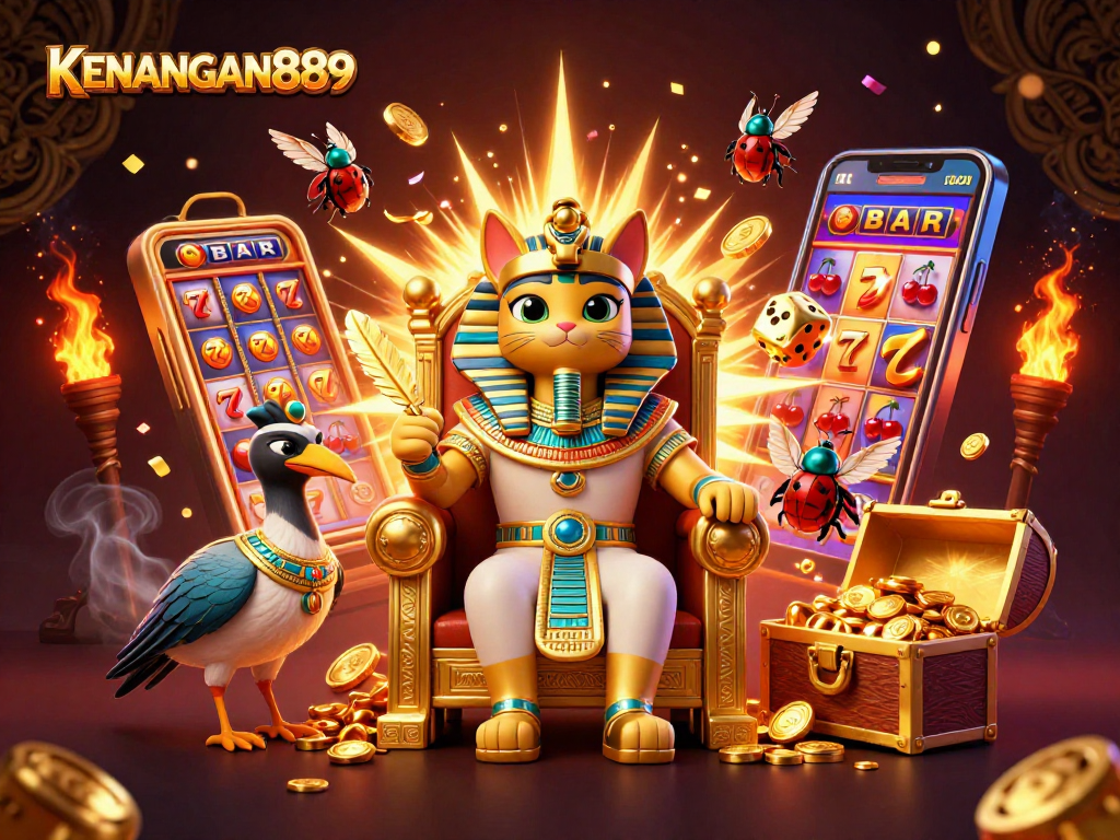 Experience KENANGAN889 in an ultra-detailed 3D casino scene featuring slots, coins, and vibrant game elements.