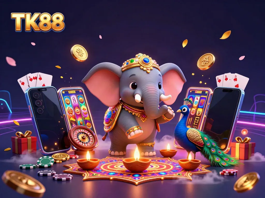 Experience thrilling games at TK88 with a vibrant 3D illustration of dynamic casino elements.
