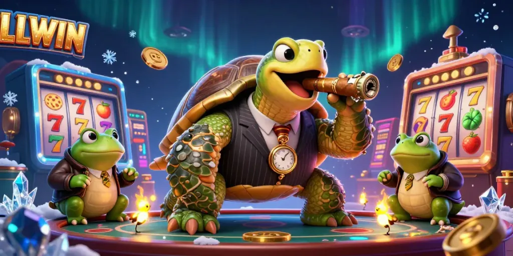 LLWIN showcases a massive snapping turtle and bullfrog enforcers in a lively casino scene filled with vibrant slot game elements.