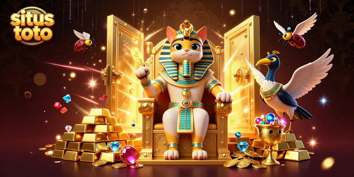 Engage in situs toto gaming with a vibrant 3D scene showcasing casino treasures and pharaoh-themed characters.