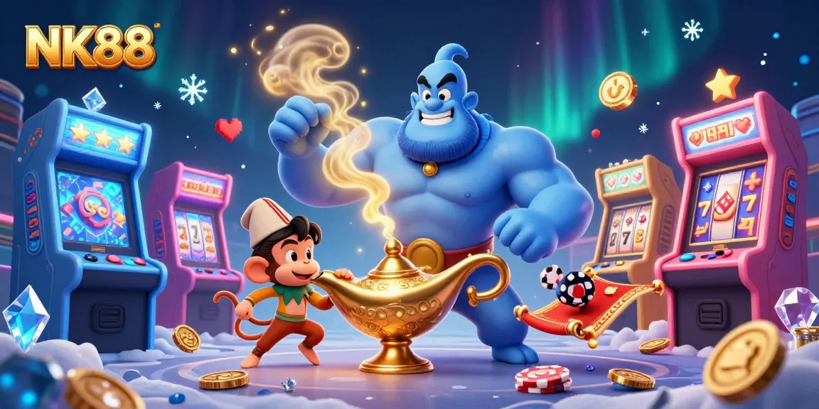 Spin the reels and win with NK88 in a vibrant casino scene featuring a muscled genie and poker-filled carpet.