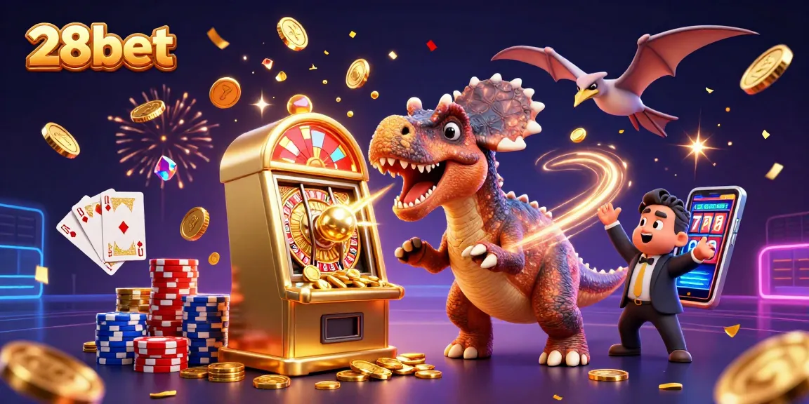 28bet characters celebrate jackpot wins with a pachycephalosaurus and gold coins flying.