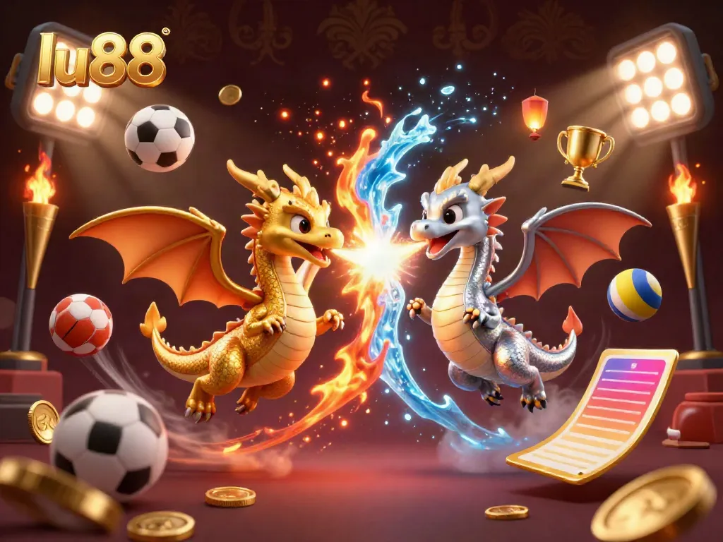 Experience the excitement of lu88 with a dynamic 3D illustration showcasing entwined dragons amidst sports betting elements and a golden trophy.