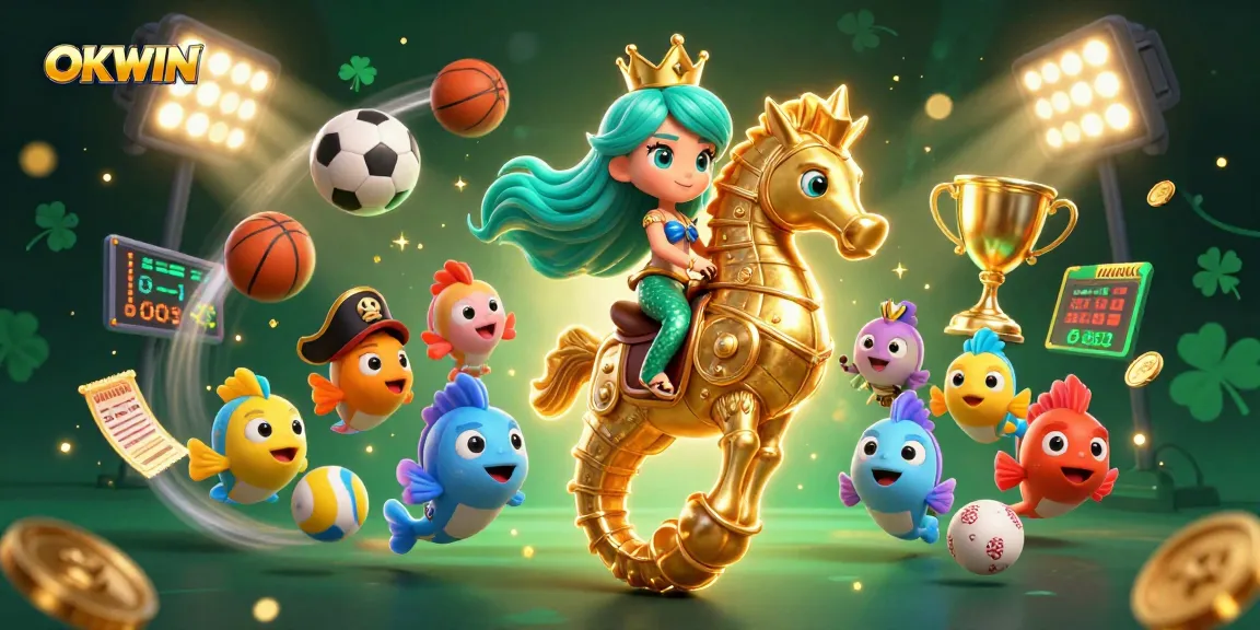 OKWIN mermaid princess riding a seahorse with sports betting elements, showcasing vibrant gaming action
