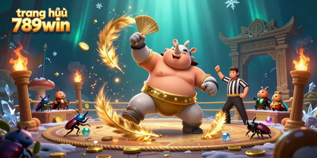 Experience excitement at trang chủ 789win with a vibrant scene of a beetle champion and gold coins soaring.
