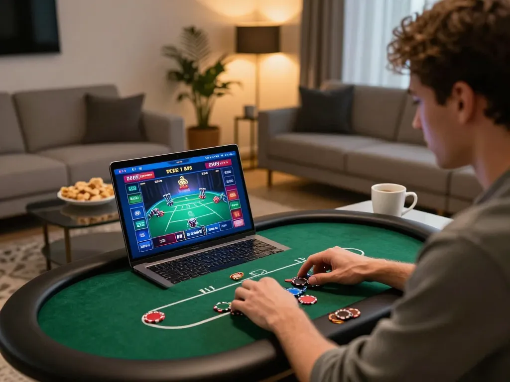 Player engaging with 68gamebaivn on a laptop, illustrating a dynamic online gaming scene with poker interface.