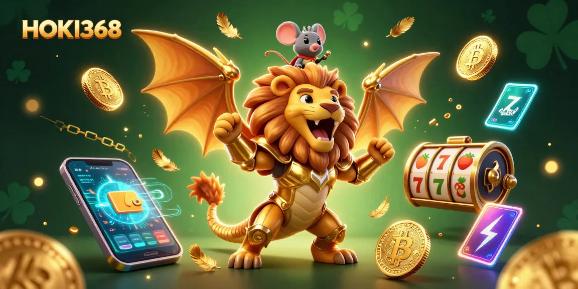 Experience thrilling gameplay with the vibrant HOKI368 chimera, Bitcoin coins, and slot elements in a stunning 3D scene.