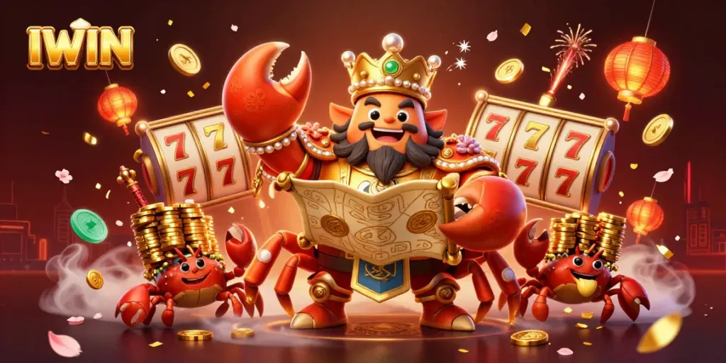 IWIN's online casino experience is enhanced with a golden crab emperor and vibrant gaming elements.