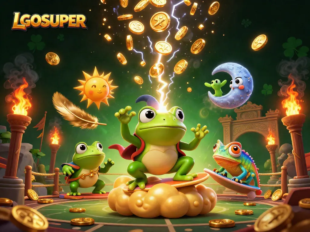 Engage with LGOSUPER gameplay as a weather wizard frog conjures golden coins amidst vibrant casino elements.