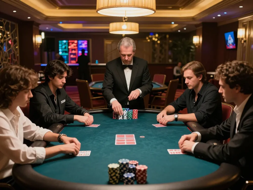 MM88 poker players calculating strategies at a high-stakes game surrounded by luxury decor.