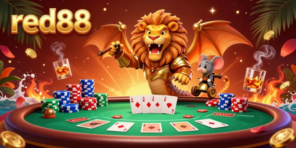 Join red88 in a thrilling card game with a golden chimera and tiny mouse poker jockey, reveling in vibrant casino magic.