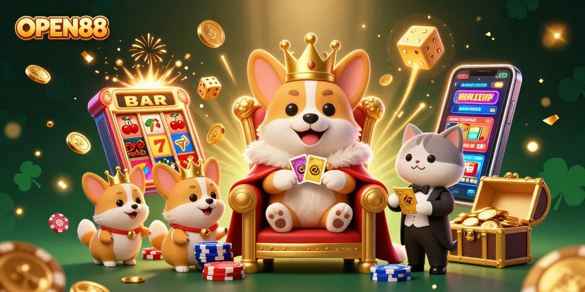 Experience thrilling jackpots at OPEN88 with vibrant casino elements and royal characters.