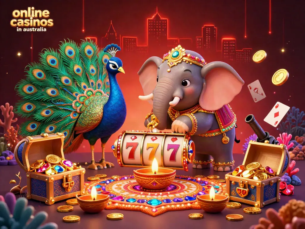 Experience vibrant wins at online casinos in australia with 3D illustrations of iconic game elements and festive themes.