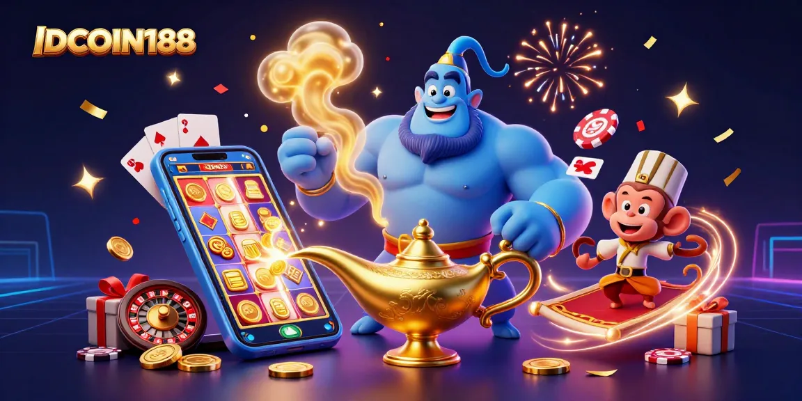 IDCOIN188 showcases a vibrant 3D scene with a genie, a monkey, and a magic carpet in casino action.