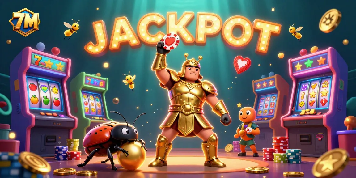 Celebrate big wins at 7M Casino with a vibrant jackpot illustration of animated characters.