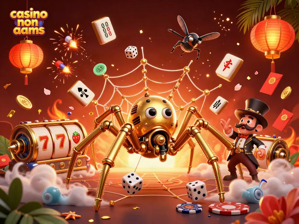 Cattura l'azione nei casino non AAMS mentre una ragno steampunk d'oro crea una rete dorata con simboli del gioco.