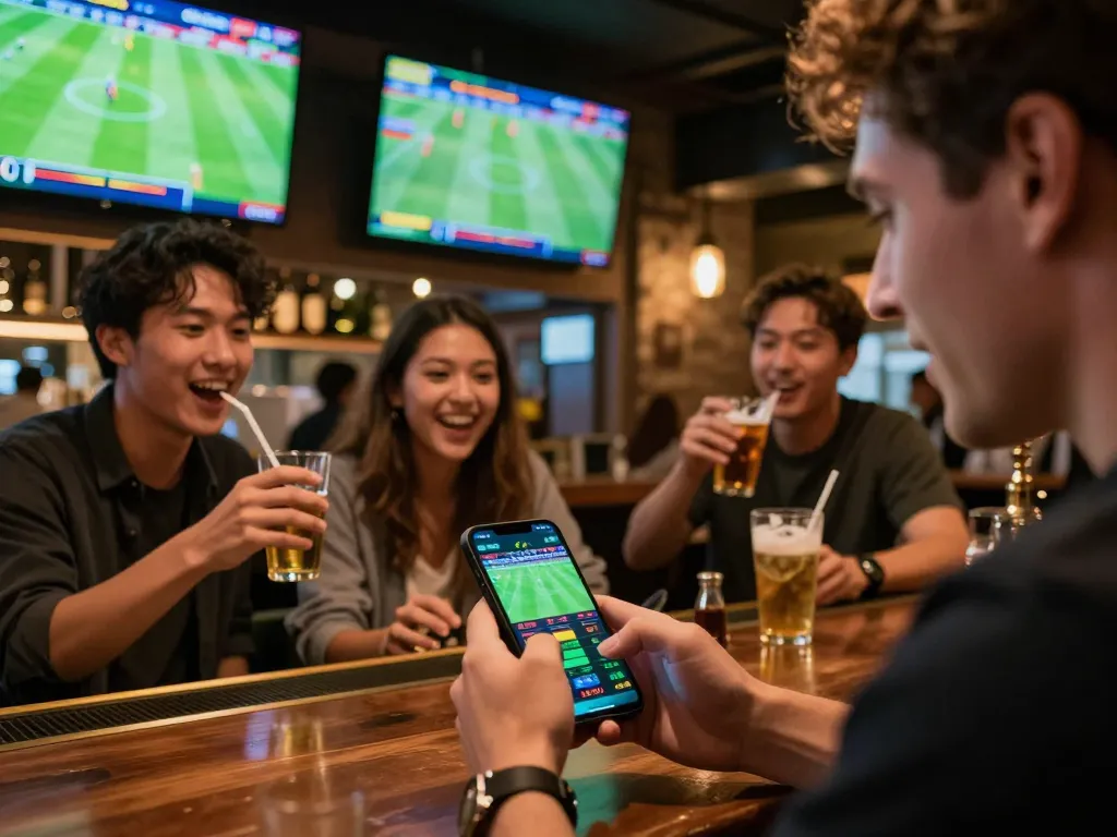 Person using Bongdallu app for live sports betting at a bar, capturing the excitement of the game