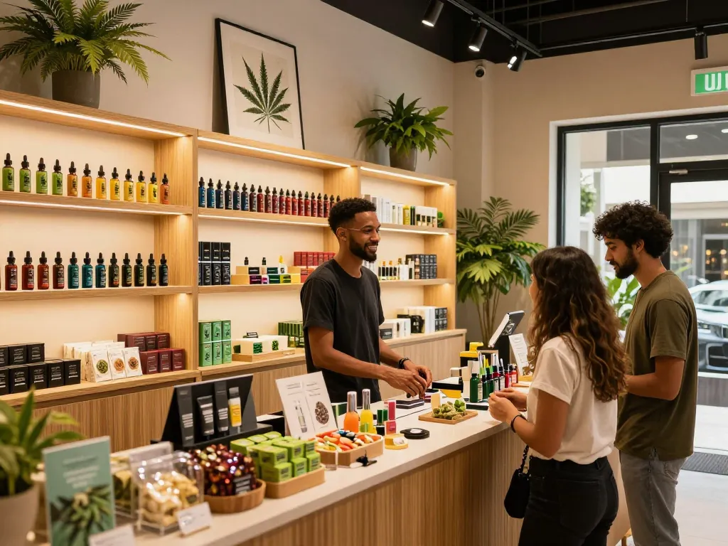 Marijuana discount sales UAE at a Dubai cannabis shop highlighting THC vapes and inviting atmosphere.