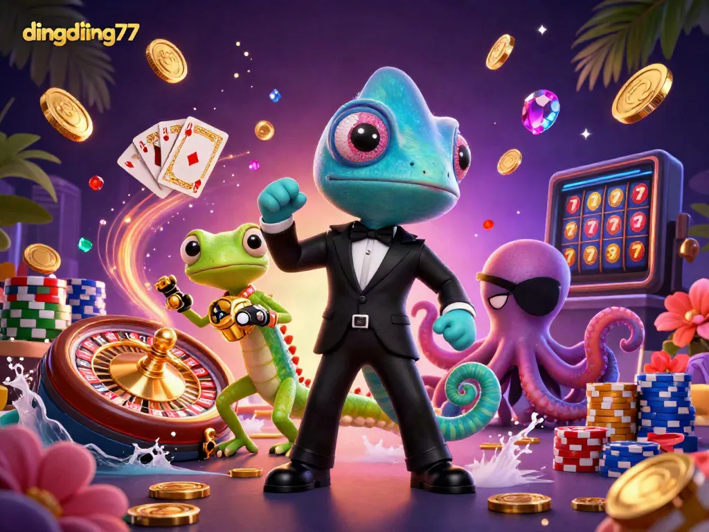 Dive into the vibrant world of dingdong77, where a secret agent chameleon and friends experience thrilling casino action.