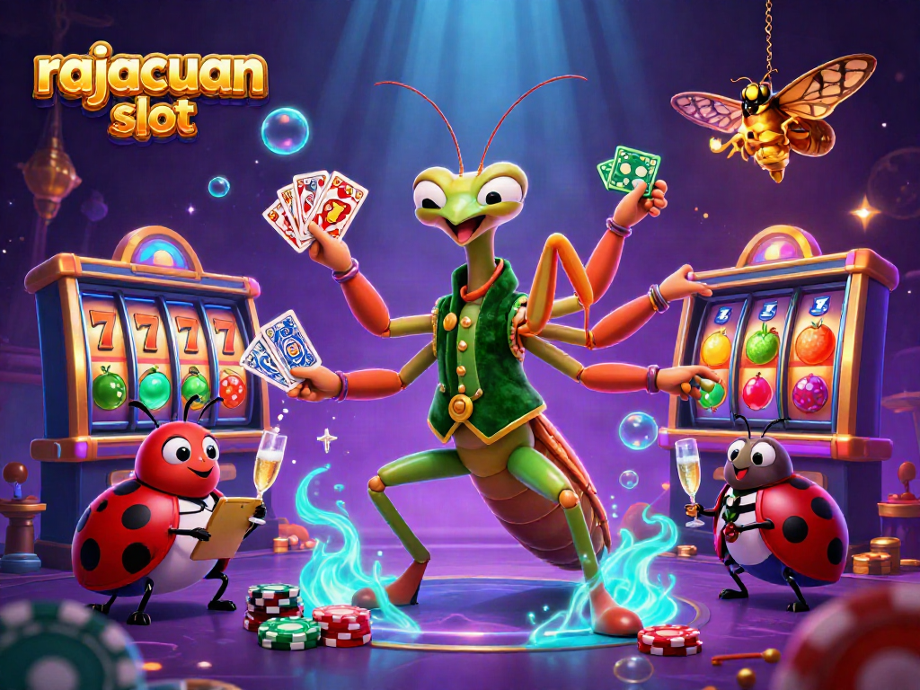 Engage with the rajacuan slot experience featuring a giant mantis dealer amidst dynamic game elements.