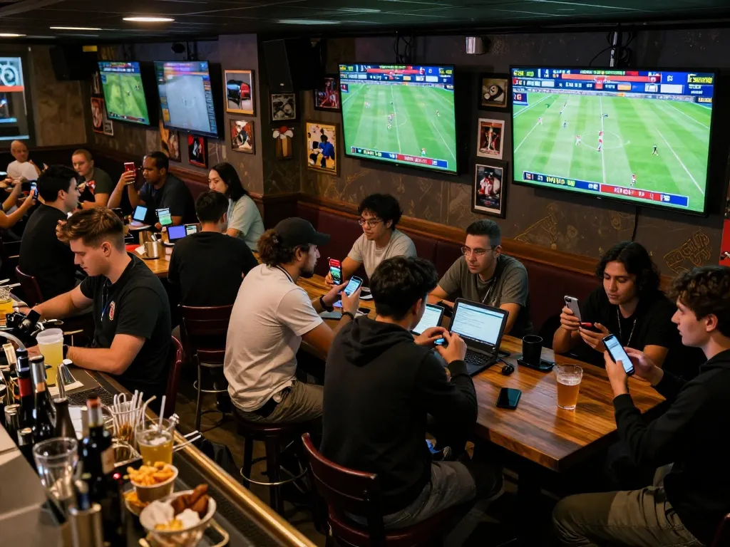 nhandinhkeonhacai patrons placing soccer bets with excitement in a lively sports bar atmosphere